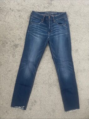 American Eagle Outfitters Dark Blue Skinny Jeans with Frayed Hem